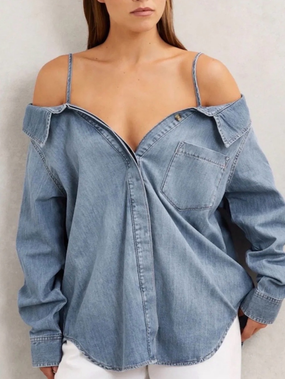 Good American Denim Off Shoulder Shirt Size M Convertible Strappy Button Down